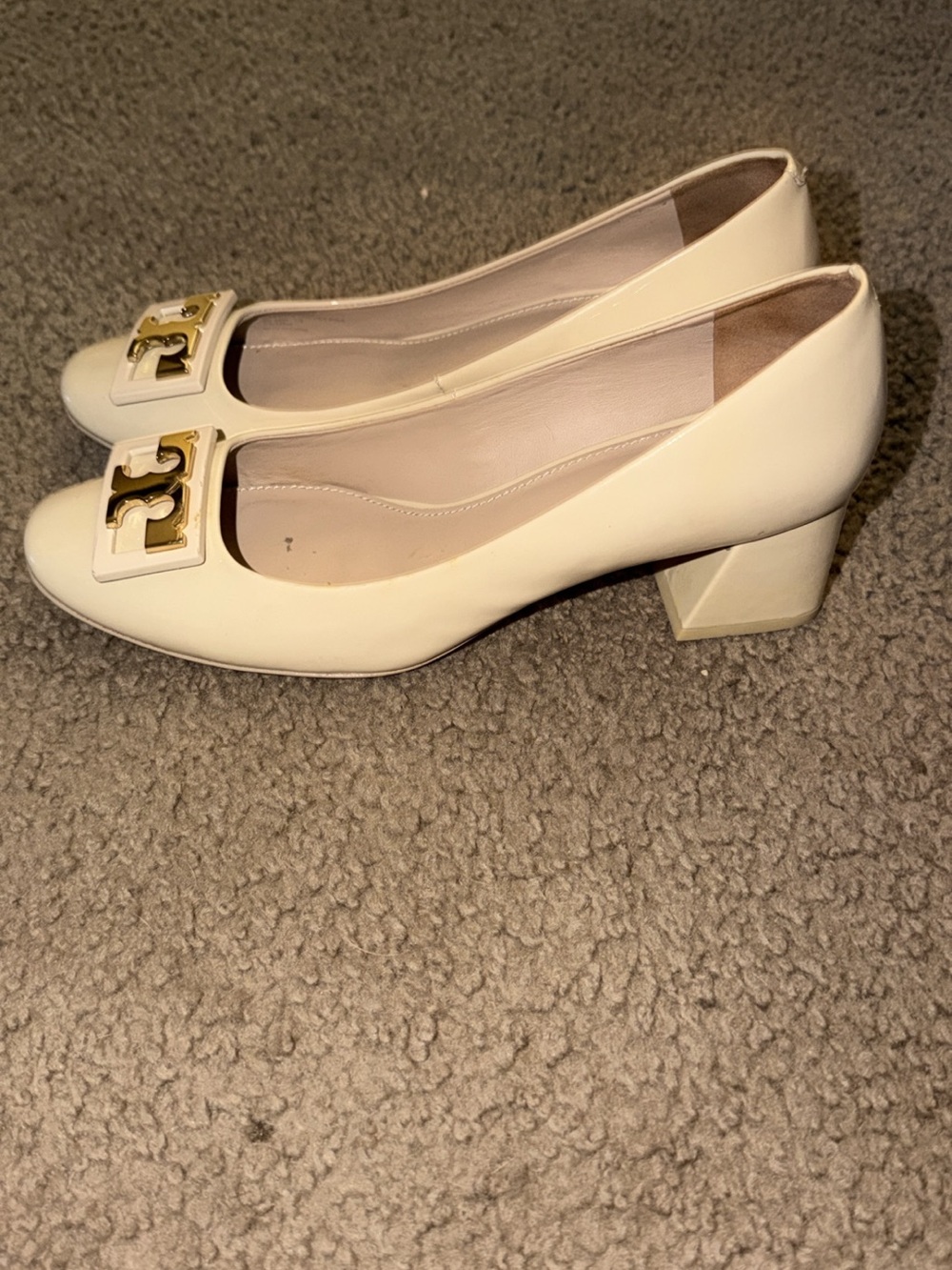 Tory Burch Cream Block Heel Pumps with Gold Logo